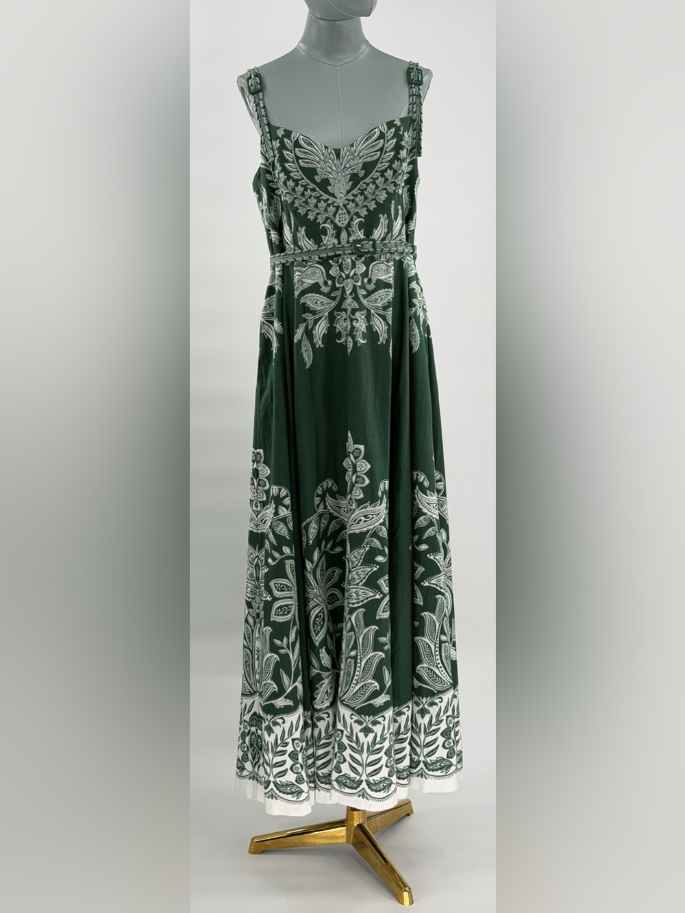🆕 FARM Rio 🧿 NWT Miranda Buckles Maxi Dress, Dark Green & White Linen - Sz XL - Picture 3 of 15